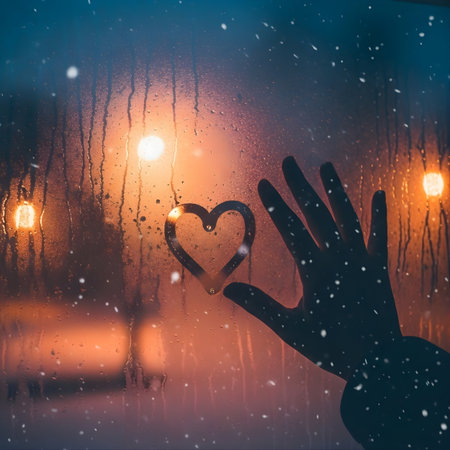 Hands holding heart shape on the wet window glass at night.の素材