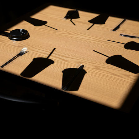 Restaurant table with cutlery and cutlery on dark backgroundの素材