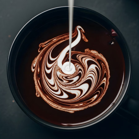 Hot chocolate drink with whipped cream on black background, top view.の素材