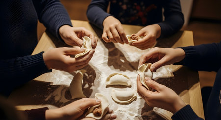 Close-up shot of a group of young people making dumplingsの素材