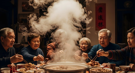 Elderly people enjoying a meal in a Chinese restaurant, lifestyleの素材
