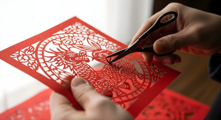 Hands Cutting Traditional Chinese Papercut Artの素材