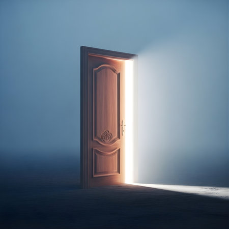 Conceptual image of opened door with light coming through it.の素材