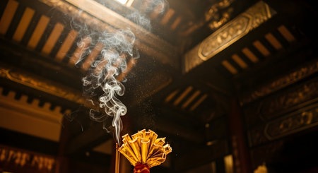 Smoke from incense stick in buddhist temple at nightの素材