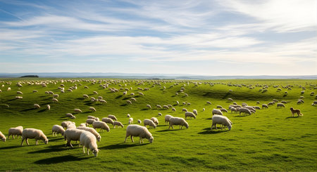 Sheep herd in a green meadow with blue sky and cloudsの素材