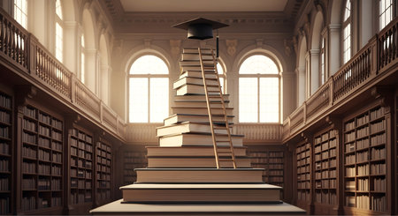 Ladder leading to the library, 3d rendering. Computer digital drawing.の素材