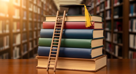 Graduation cap on top of stack of books. Education concept. 3D Renderingの素材