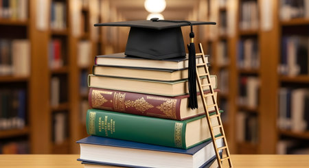 Graduation cap with ladder and books in library. 3d illustrationの素材