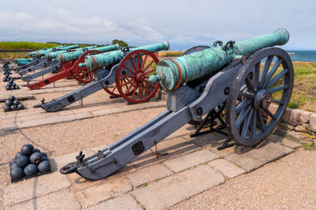 Ancient battle cannons in Kronborg castle, Denmarkのeditorial素材
