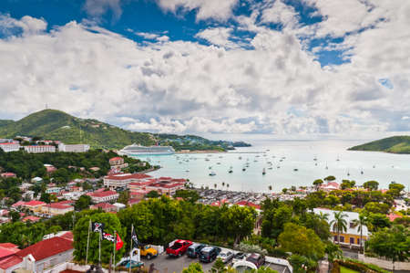 Charlotte Amalie St. Thomas US Virgin Islands  December 5 2011: A view from above the town of Charlotte Amalie located on St. Thomas in the US Virgin Islands. A cruise ship luxury yachts and sail boats are in port.のeditorial素材