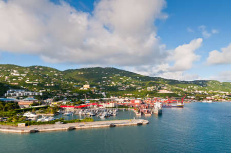 Charlotte Amalie, St. Thomas, US Virgin Islands - December 5, 2011: Scenic view of the island of St. Thomas near a marina and the small city of Charlotte Amallie in the Caribbean.のeditorial素材