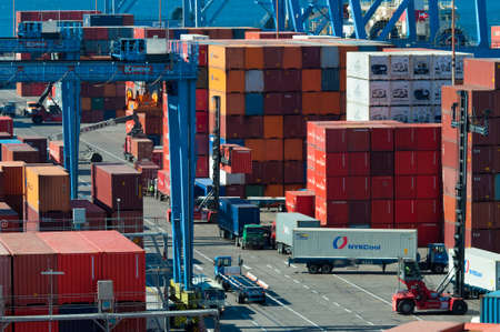 Valparaiso, Chile - December 3, 2012: Colourful collection of shipping containers in the historic...