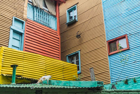 Shot of the facade of a building in Caminito, the famous and popular pedestrian strip in the neighbourhood of La Boca, Buenos Aires.の写真素材