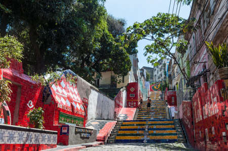 Rio de Janeiro, Brazil - December 21, 2012: Tourists visiting the Selaron stairway in Rio de Janeiro, Brazil. The stairway is famous work of Chilean artist Jorge Selaron.のeditorial素材