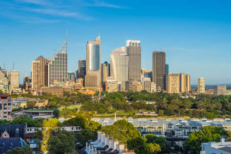 Sydney, Australia - November 7, 2014: The view of Sydney City Skyline clear sunny morning. Royal Botanic Gardens in the centerのeditorial素材