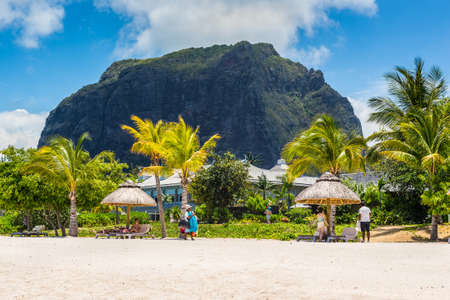 Le Morne, Mauritius - December 7, 2015: White sand beach near Le Morne Brabant mountain, Mauritius. Iconic Le Morne Brabant (556m) is a stunning rock crag.のeditorial素材