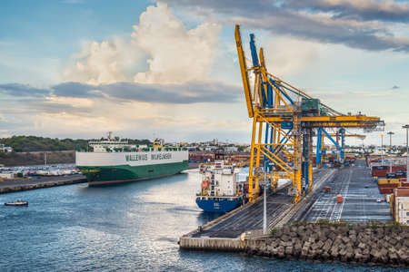 Le Port, Reunion island, France - December 24, 2015: Vehicles Carrier Ship Boheme and General Cargo...