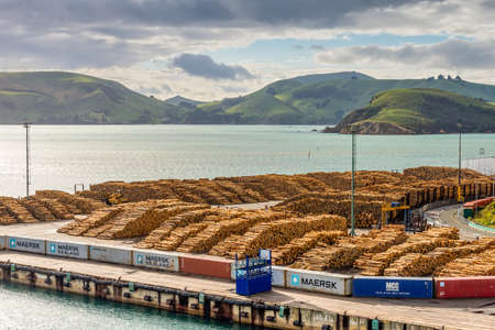Port Chalmers, New Zealand - November 15, 2014: Timber is ready for shipping at a dock, Port Chalmers, Dunedin, Otago region, South Island, New Zealand.のeditorial素材