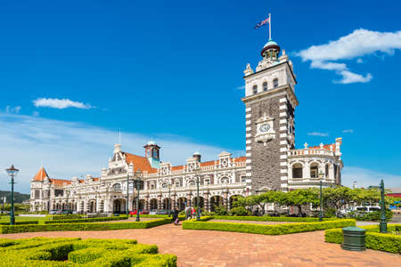 Dunedin, New Zealand - November 16, 2014: Dunedin railway station on a sunny day, built 1906 in a revived Flemish renaissance style, Otago Region, New Zealand.のeditorial素材