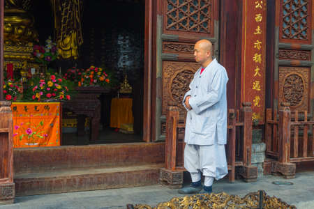 Xian, China - October 17, 2013: Monk at Giant Wild Goose Pagoda, Xi'an, Shaanxi Province, China.のeditorial素材