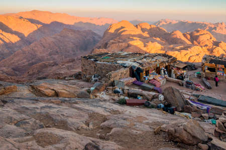 Mount Sinai, Egypt - November 25, 2010:  Arab Bedouin Shops on Mount Sinai in early morning at November 25, 2010. The mountain, associated with Moses and the Ten Commandments, is a popular travel destination for religious and secular visitors alike.のeditorial素材