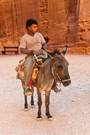 Petra, Jordan - November 20, 2010: A local guide is waiting with her donkey for visitors to take through the ancient city of Petra in Jordan. Local bedouins are guiding tourists through the ancient city of Petra on the back of ass. Petra is one of UNESCO のeditorial素材