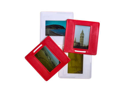 Several slides on a white background - London (UK), aerial view on Zhukovsky near Moscow, beach near the Korsakov on Sakhalin Island (Russia).の写真素材