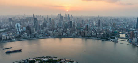 Shanghai, China - October 26, 2013: Shanghai panoramic cityscape sunset aerial view, China.のeditorial素材