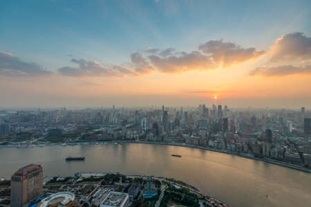 Shanghai, China - October 26, 2013: Shanghai cityscape sunset aerial view, China.のeditorial素材