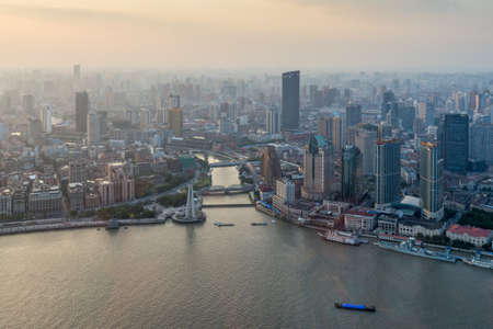 Shanghai, China - October 26, 2013: Shanghai cityscape sunset aerial view, China.
