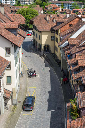 Bern, Switzerland - May 26, 2016: Overhead view of medieval street (Unesco Heritage) in Bern, the capital of Switzerland.のeditorial素材