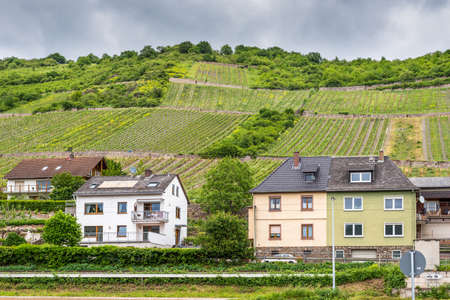 Lorch am Rhein, Germany - May 23, 2016: Houses and vineyards in cloudy weather at Lorch am Rhein, Hesse, Germany. It belongs to the Rhine Gorge World Heritage Site.のeditorial素材