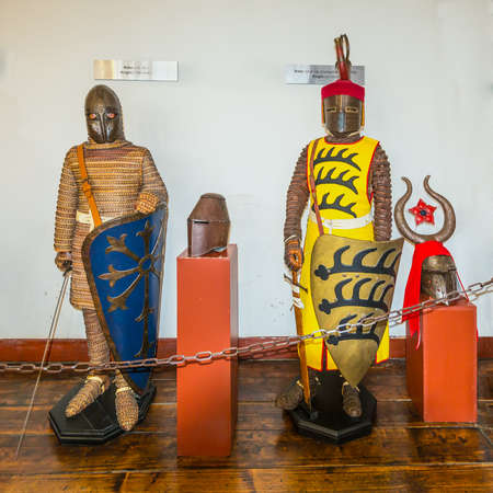 Braubach, Germany - May 23, 2016: Old armour in the Marksburg castle in Rhineland-Palatinate, Braubach, Germany. It is one of the principal sites of the UNESCO World Heritage Rhine Gorge.のeditorial素材