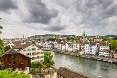 Zurich, Switzerland - May 24, 2016: Architecture of Zurich. Aerial view of Zurich old town and River Limmat from Lindenhof in Zurich on a cloudy day, Switzerland.のeditorial素材