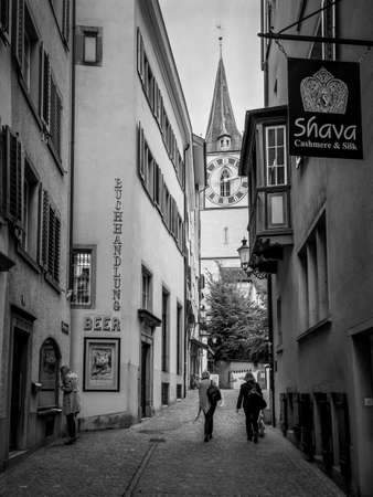 Zurich, Switzerland - May 24, 2016: Architecture of Zurich. Black and white image of the narrow streets in Zurich old town, Switzerland.のeditorial素材