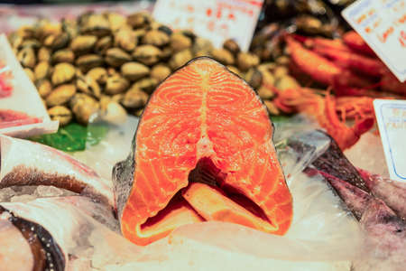 Raw Fresh Salmon on Santa Catarina Market in Barcelona, Spainの写真素材