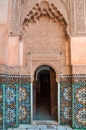 Marrakesh, Morocco - December 8, 2016: Interior courtyard of the five century old school or Ali ben Youssef Medersa in the center of Marrakesh, Morocco.のeditorial素材