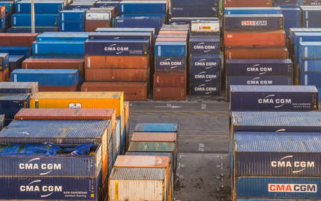 Casablanca, Morocco - December 8, 2016: Container terminal in Casablanca sea port in the early morning, Morocco.のeditorial素材