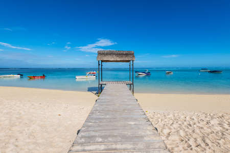 Le Morne, Mauritius - December 11, 2015: Beautiful gazebo on the tropical white sandy beach in the Le Morne Bay, Mauritius.のeditorial素材