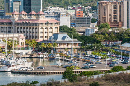 Port Louis, Mauritius - December 12, 2015: Port Louis cityscape, Mauritius. Blue Penny museum in the center. This is the main attraction on Mauritius showing the Mauritian one-penny and two-pence stamps of 1847 and selection of antique maps, engravings.のeditorial素材