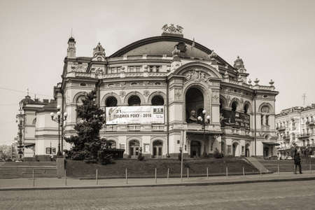 Kyiv, Ukraine - March 25, 2017: Ukrainian National Opera House of Taras Shevchenko in Kyiv, Ukraine. Black and white photography. Sepia toned.のeditorial素材