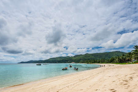 Anse Royale, Mahe Island, Seychelles - December 15, 2015: Wide-angle view of the spectacular Anse Royale beach in cloudy weather, Mahe Island, Seychelles.のeditorial素材