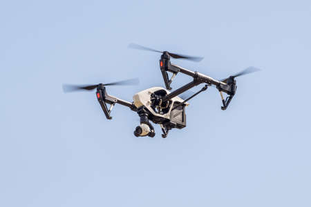 Kyiv, Ukraine - April 29, 2017: Drone / Quadcopter with high resolution digital camera flying in the sky during the first Drone Festival in Kyiv, Ukraine.のeditorial素材