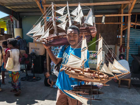 Toamasina, Madagascar - December 22, 2017: Street vendor selling Model Sailing Ships in Toamasina (Tamatave), Madagascar, East Africa.のeditorial素材