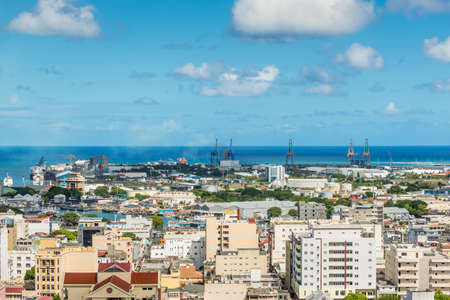 Port Louis, Mauritius - December 25, 2015: Port Louis Skyline - viewed from the fort Adelaide along the Indian Ocean in Mauritius capital city. Travel in Mauritius.のeditorial素材