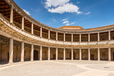 Granada, Spain - May 19, 2014: Courtyard at the Palace of Charles V (Palacio de Carlos V) without people in Alhambra in Granada, Andalusia, Spain.のeditorial素材