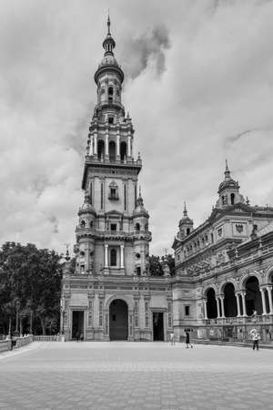 Seville, Spain - May 20, 2014: Bell Tower in the famous Plaza of Spain in Seville, Spain. Black and white photography.のeditorial素材