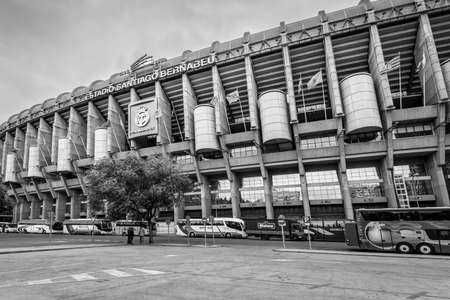 Madrid, Spain - May 22, 2014: Facade of the Santiago Bernabeu Stadium in Madrid, Spain. Black and white photography.のeditorial素材