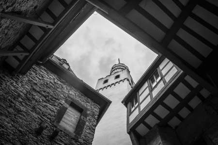 Braubach, Germany - May 23, 2016: Part of the Marksburg castle. It is one of the principal sites of the UNESCO World Heritage Rhine Gorge. Black and white photography.のeditorial素材