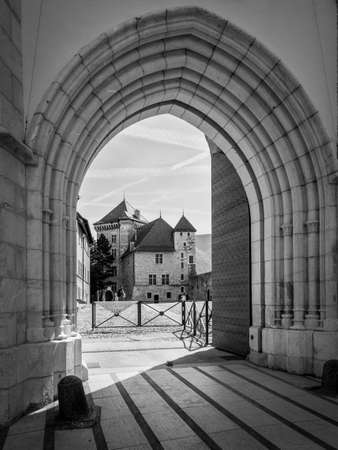Annecy, France - May 25, 2016: The Annecy Castle (Chateau d'Annecy) at town of Annecy in the Haute-Savoie department of France. Black and white photography.のeditorial素材